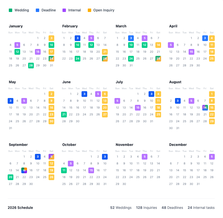 WeddingRunbook season calendar with weddings, deadlines, internal tasks and open inquiries